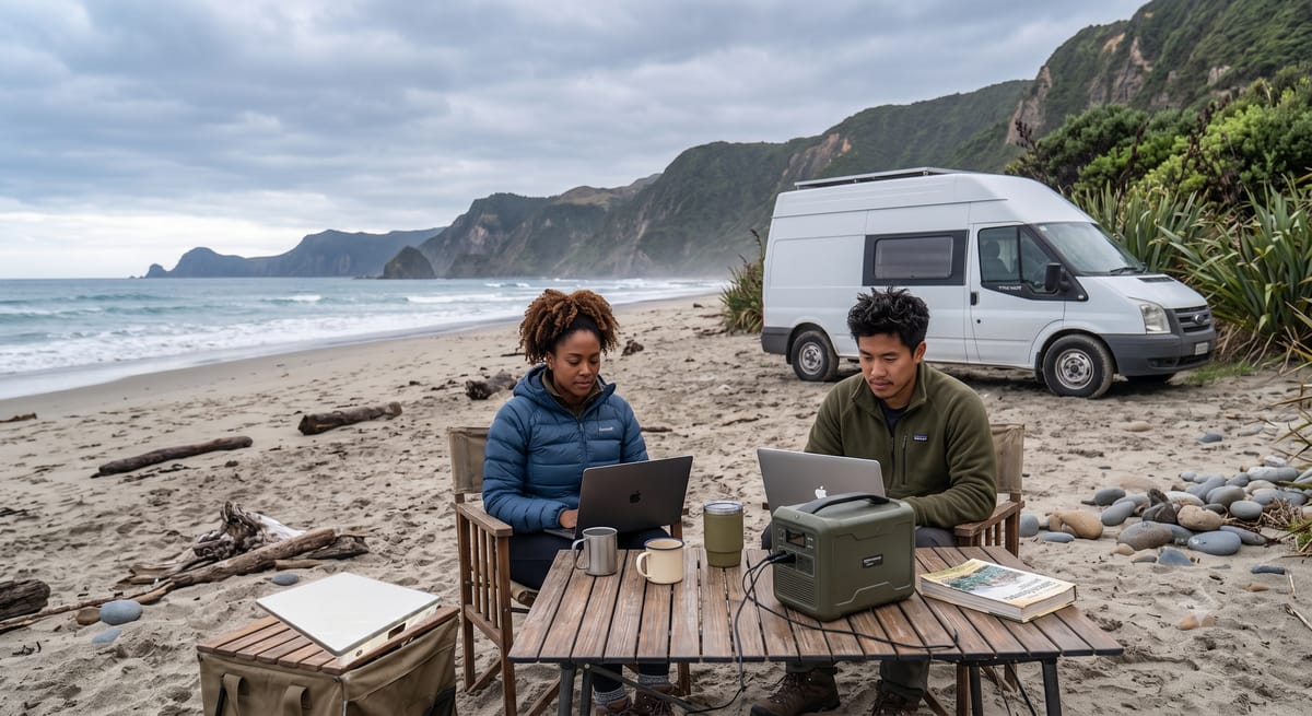 Working from a New Zealand beach with a campervan and a Starlink Mini