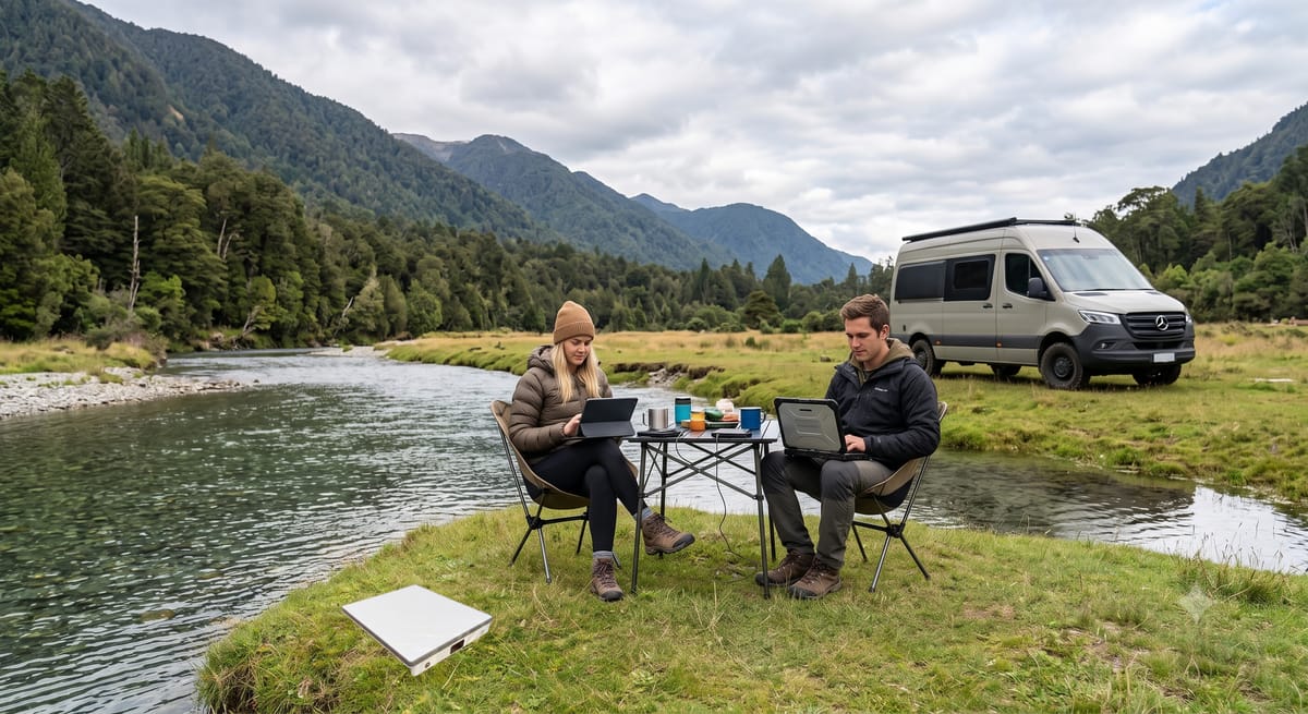 Couple working online beside a river with their campervan and a Starlink Mini